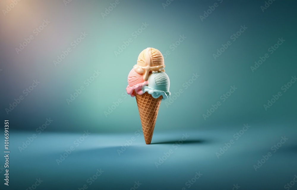 Poster a melting ice cream cone with three scoops in front of a blue background.