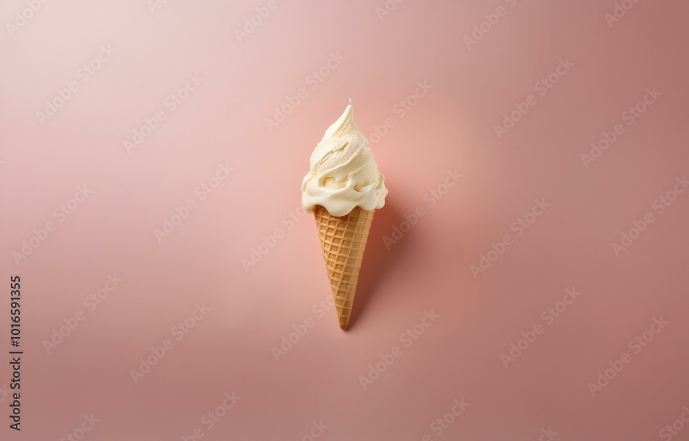 Aufkleber a single scoop of vanilla ice cream melting in a waffle cone on a pink background.