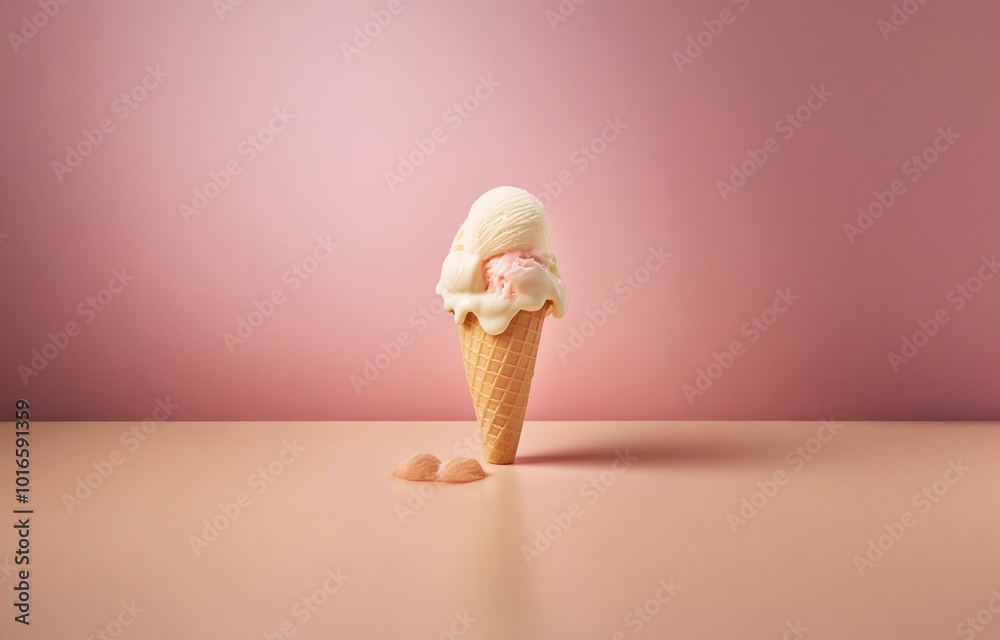 Poster a single ice cream cone with two scoops of ice cream, one vanilla and one pink, sits on a pink surfa