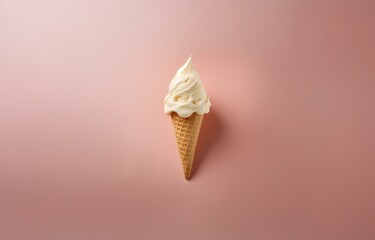 A single scoop of vanilla ice cream melting in a waffle cone on a pink background.
