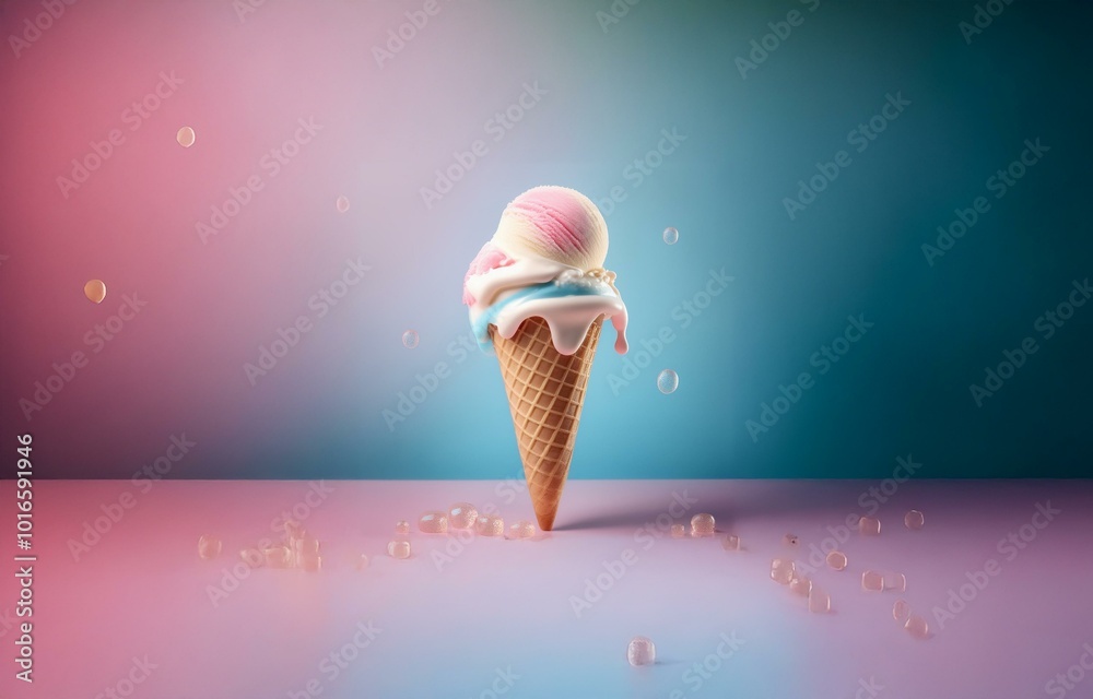 Poster a melting ice cream cone with colorful ice cream, standing on a pink and blue gradient surface. the 