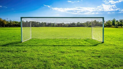 A soccer goal with a net on an empty field, wide area for copy space