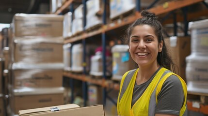 Woman volunteer in warehouse with donations. She wears yellow vest, holds cardboard box. Warehouse filled with boxes, containers, shelves, racks. Woman stands in foreground, warehouse as background.