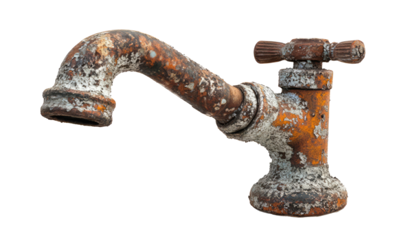 Rusty old water faucet with dripping water, cut out