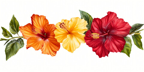 Obraz premium A vibrant bouquet of colorful flowers including hibiscus, with blossoms in shades of red, yellow, orange, and pink, captured in a close-up, isolated against a plain background