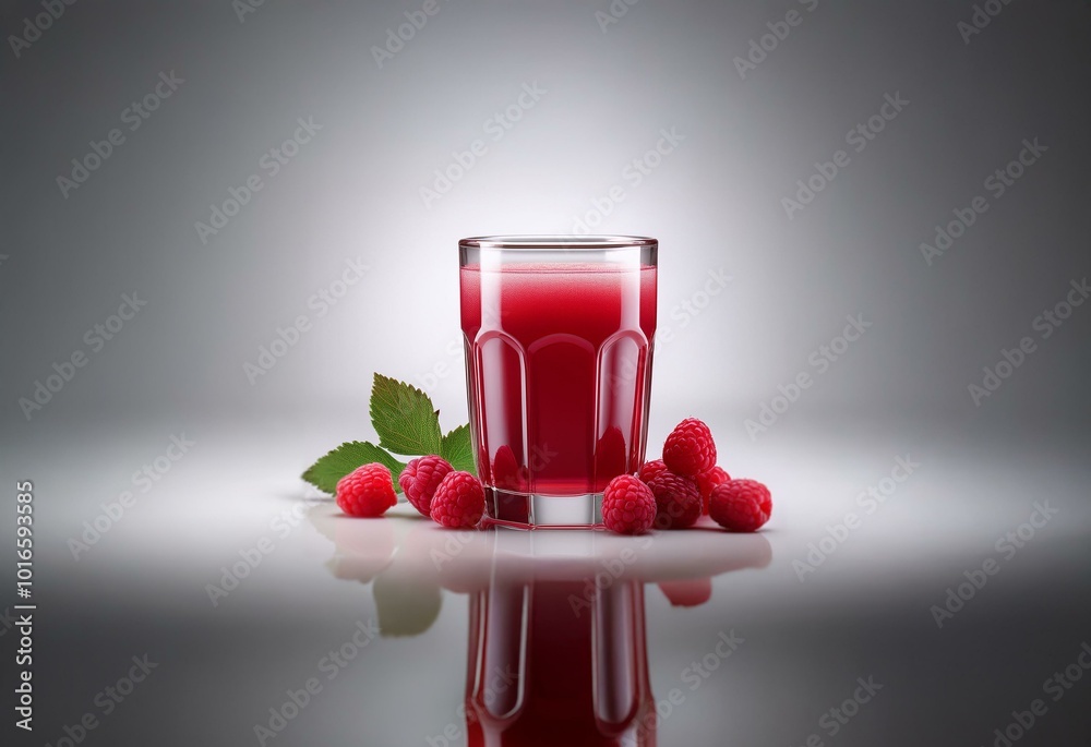 Aufkleber a glass of red juice sits on a white surface with raspberries and leaves around it.