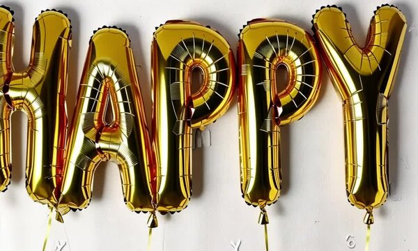 Written Happy letter with golden ballons