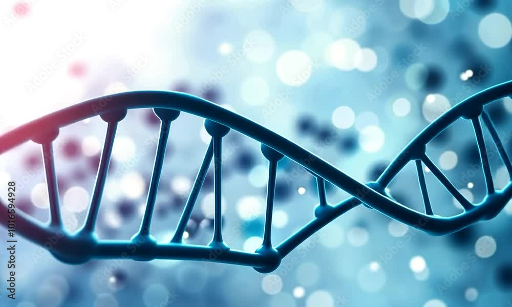 Poster Exploring Intricate Structure of DNA Close Up View of Double Helix in Molecular Biology and Genetics Against Blurred Blue Background, Highlighting Science and Biotechnology Research.