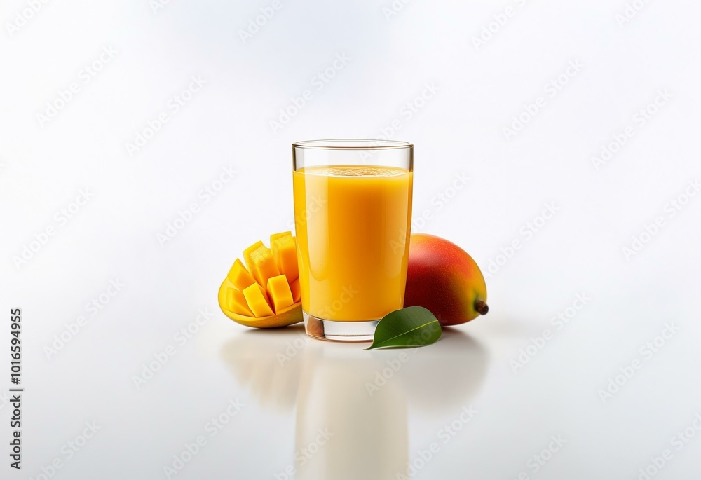 Poster A glass of mango juice sits on a white surface with a whole mango and a slice of mango next to it.