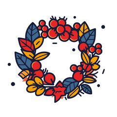 icon illustration of a wreath in fall, autumn colors with  red berries, blue, yellow, red and orange leaves