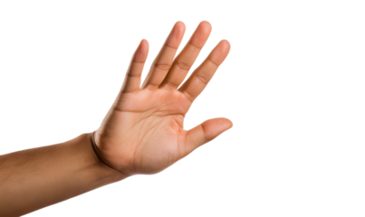 A hand is raised in the air, with the fingers spread wide