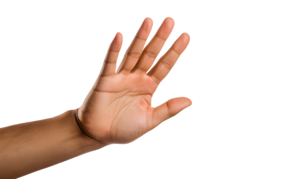 A hand is raised in the air, with the fingers spread wide