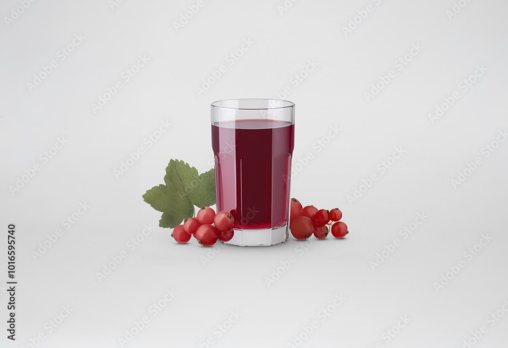 Aufkleber a glass of red juice sits on a white surface next to a sprig of red berries and a green leaf.
