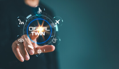 Digital twin with ai artificial intelligence software concept. BIM innovation computing engineering process background. Businessman using virtual touch screen presses: digital model big data system