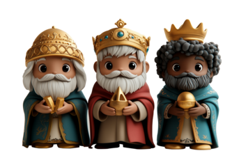 Three wise men in 3d cartoon style celebrating epiphany with gifts , png isolated on transparent. 