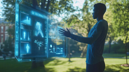 Man interacting with futuristic virtual display outdoors