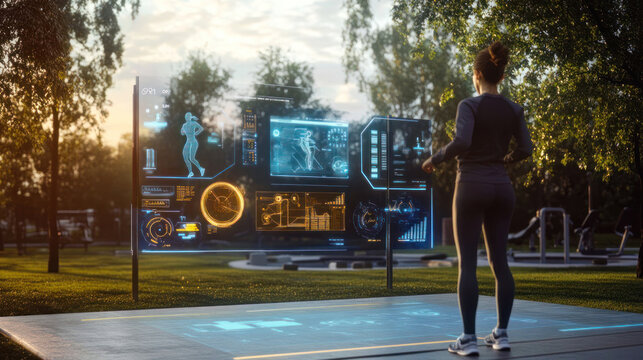 Individual interacts with smart fitness panel outdoors