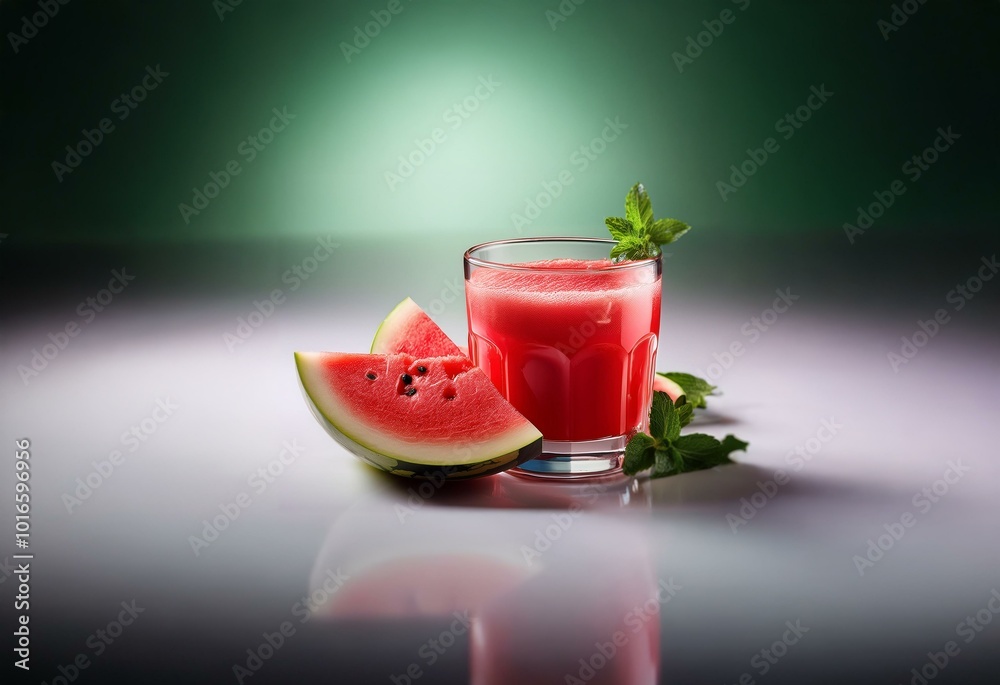 Poster a glass of watermelon juice with a sprig of mint sits on a white surface with two slices of watermel