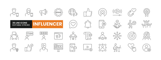 Set of 36 Influencer line icons set. Influencer outline icons with editable stroke collection. Includes Social Media, Monetization, Target Audience, Niche, Marketing, and More.