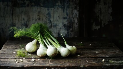 fennel on aged table and dark background
