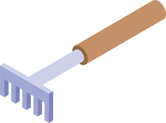 Small gardening rake with wooden handle for loosening soil in isometric view