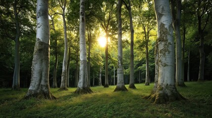 Obraz premium Bright, lush green forest scene featuring tall trees with white trunks, dense foliage, and sunlight filtering through the canopy, creating an ethereal atmosphere.