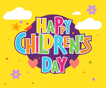 Happy Children's Day logo with bold kids lettering, kids elements on white background. Children day colorful text effect. Headline text and quote for children's day greeting card.