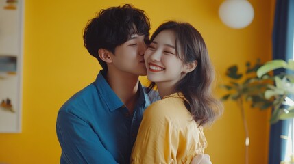 Affectionate couple kissing fondly in a yellow room