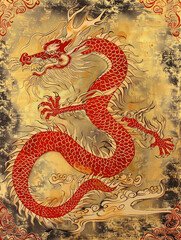 Fototapeta premium A gold and red dragon is depicted on a red background 