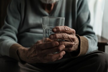 Elderly man sits in chair with hands shaking holding glass of water. Blue sweater, bearded face, blurred background of beige wall, window. Casual attire, aged person struggling with health issue.