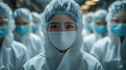 Scientists in protective attire ensuring safety standards