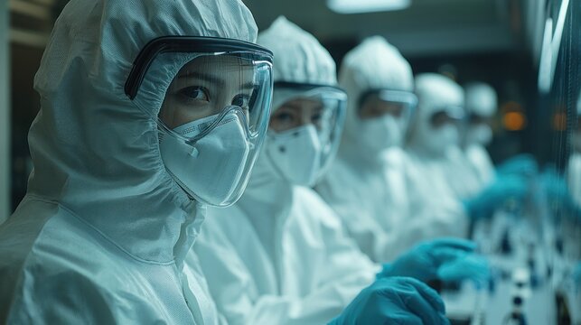 Lab technicians in full protective suits at work