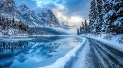 Fototapeta premium Snow-Covered Landscape with Calm Water and Mountains