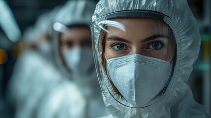 Fototapeta premium Woman in science lab with mask and goggles on duty
