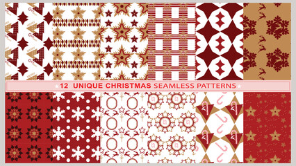 Merry Christmas and Happy New Year! Set of winter holiday backgrounds. Collection of seamless patterns with red and white  and cream luxury colors. Vector illustration.