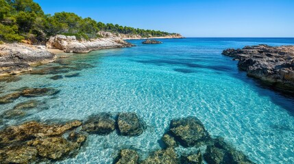 Crystal clear waters of the European sea, no people, with copy space for travel advertisements