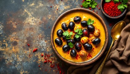 Ghongi Snail Curry in a Spiced Yellow Gravy with Fresh Herbs (Tharu Cuisine)