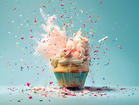 Cartoonish Cake Shaped Bomb Detonating With Colorful Frosting and Sprinkles Explosion