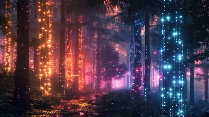 Fototapeta premium Enchanted forest at night with glowing lights on the trees.