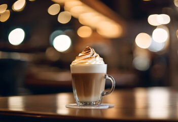 Transparent glass cup of latte on table. Hot drink, coffee, barista, coffee shop, morning