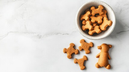 Fototapeta premium Dog treats and food bowl with playful toys, top view on a clean white surface, copy space available