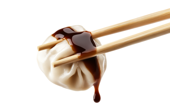 Delicious dumpling held with chopsticks, dripping soy sauce, cut out