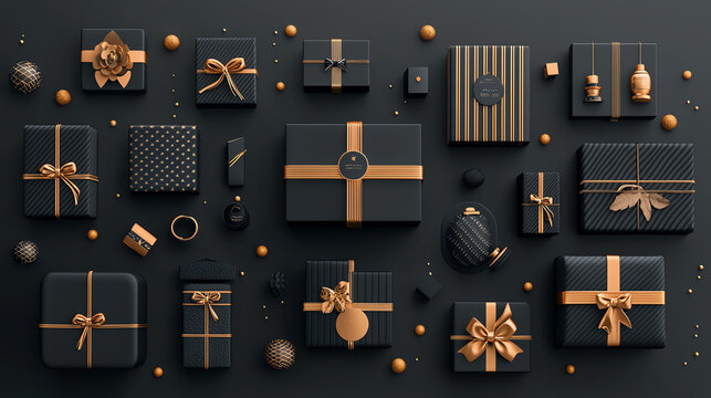 Branded corporate gifts, elegant packaging with gold accents, 3D illustration