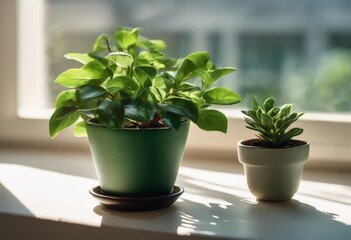 Fototapeta premium Green plant in a pot on a windowsill. Home atmosphere, flowers, gardening, interior