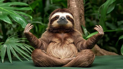A sloth sitting calmly in a meditative pose surrounded by lush green foliage.