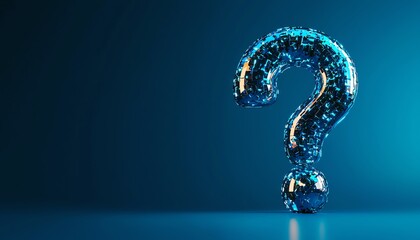 A shimmering 3D question mark made of sparkling particles, set against a dark blue background.