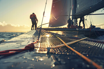 A dynamic shot of the sailor racing on his trimaran extreme sailing boat in Portofino, close-up, sun flare light effects