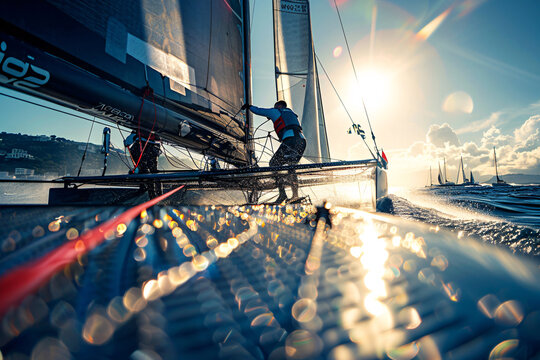 A dynamic shot of the sailor racing on his trimaran extreme sailing boat in Portofino, close-up, sun flare light effects, editorial photography, magazine style, focus on people and sporty gear details