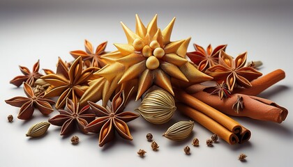 anise and cinnamon, star anise, star spices on white background, dried Herbs and Spices: Cinnamon, Anise