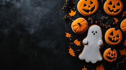 Halloween-themed cookies with bats, pumpkins, and ghosts, top view with copy space for festive designs
